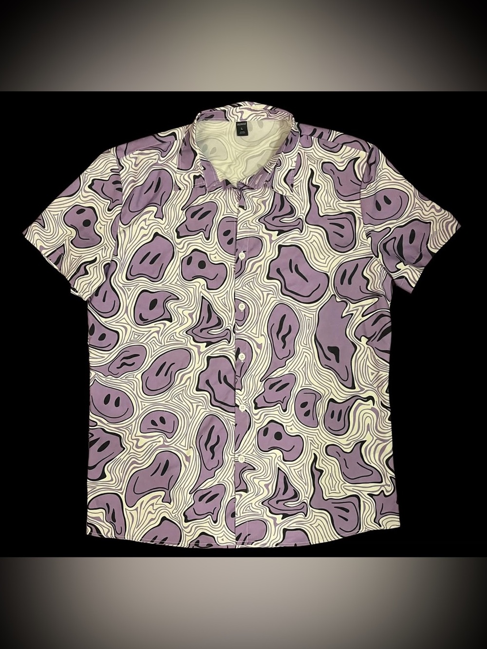 ROMWE Mens L Purple Wavy Smiley Face Trippy Button Up Shirt NWOT